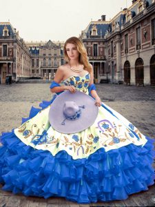 Ideal Blue Sleeveless Organza Lace Up Quinceanera Dresses for Military Ball and Sweet 16 and Quinceanera
