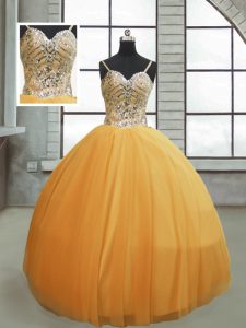 Chic Spaghetti Straps Sleeveless Lace Up Ball Gown Prom Dress Gold Tulle