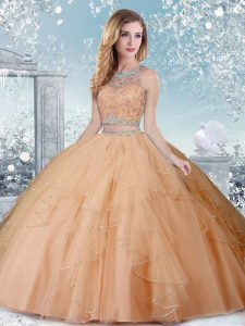 Glamorous Scoop Sleeveless Clasp Handle 15 Quinceanera Dress Champagne Tulle