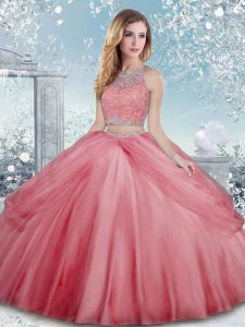 Watermelon Red Clasp Handle Quinceanera Gowns Beading Sleeveless Floor Length