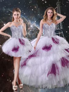 Tulle Sweetheart Sleeveless Zipper Beading and Ruffled Layers and Sequins Quince Ball Gowns in Multi-color