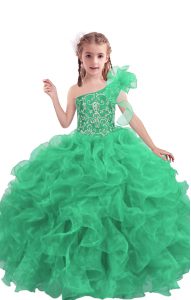 Apple Green Ball Gowns One Shoulder Sleeveless Organza Floor Length Lace Up Beading and Ruffles Kids Pageant Dress