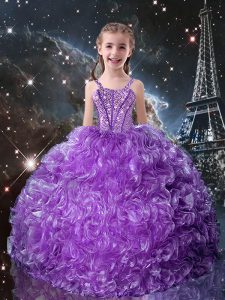 Organza Straps Sleeveless Lace Up Beading and Ruffles Pageant Gowns For Girls in Eggplant Purple
