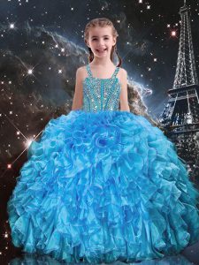 Baby Blue Teens Party Dress Quinceanera and Wedding Party with Beading and Ruffles Straps Sleeveless Lace Up
