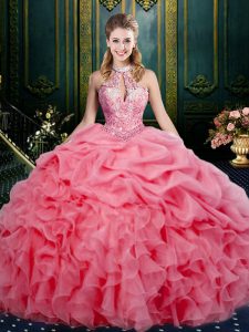 Watermelon Red Lace Up Halter Top Beading and Ruffles and Pick Ups Quinceanera Gowns Organza Sleeveless