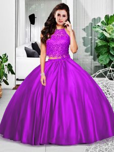 High Quality Lace and Ruching 15 Quinceanera Dress Eggplant Purple Zipper Sleeveless Floor Length