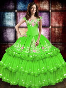 Colorful Taffeta Off The Shoulder Sleeveless Lace Up Embroidery and Ruffled Layers Vestidos de Quinceanera in