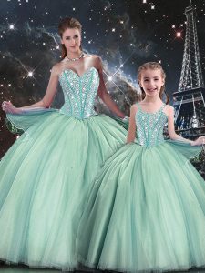 Stunning Floor Length Turquoise Quince Ball Gowns Tulle Sleeveless Beading