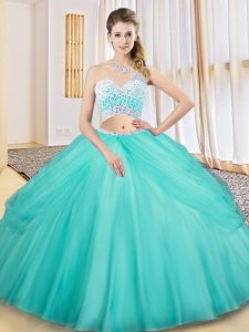Aqua Blue Tulle Criss Cross Quince Ball Gowns Sleeveless Floor Length Beading and Ruching and Pick Ups