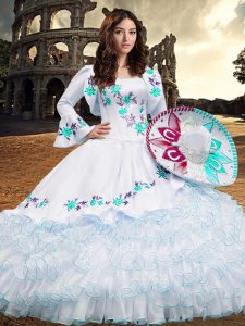 Shining Square Long Sleeves Organza Sweet 16 Dress Embroidery and Ruffled Layers Lace Up