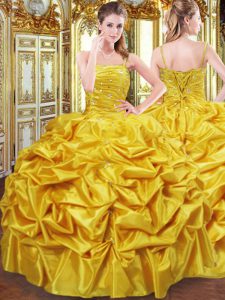 Beauteous Floor Length Lace Up Quinceanera Dress Gold for Military Ball and Sweet 16 and Quinceanera with Beading and Pick Ups