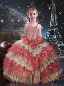 Watermelon Red Lace Up Kids Pageant Dress Beading and Ruffled Layers Short Sleeves Floor Length