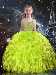 Yellow Green Sleeveless Organza Lace Up Little Girl Pageant Dress for Quinceanera and Wedding Party