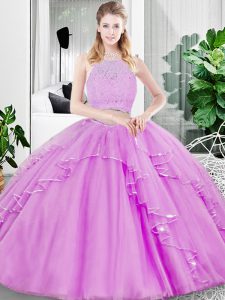 Cheap Lilac Tulle Zipper Sweet 16 Quinceanera Dress Sleeveless Floor Length Lace and Ruffled Layers