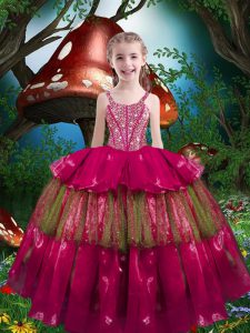 Hot Pink Straps Lace Up Beading and Ruffled Layers Little Girl Pageant Gowns Sleeveless
