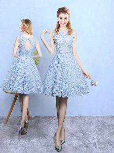 Light Blue A-line Belt Bridesmaid Dress Lace Up Printed Sleeveless Knee Length