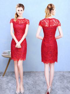 Exceptional Knee Length Red Bridesmaids Dress Bateau Short Sleeves Zipper