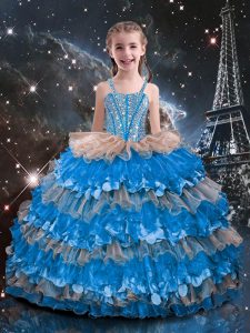 Amazing Floor Length Lace Up Party Dress Wholesale Baby Blue for Quinceanera and Wedding Party with Beading and Ruffled Layers