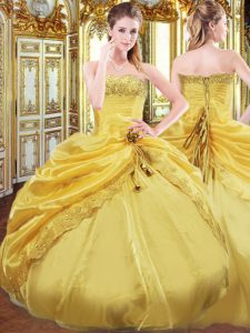 Beading and Pick Ups Vestidos de Quinceanera Gold Lace Up Sleeveless Floor Length