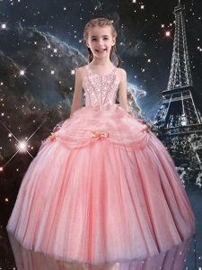 Floor Length Rose Pink Little Girls Pageant Dress Wholesale Straps Sleeveless Lace Up