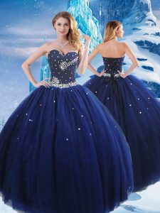 Navy Blue Sleeveless Beading Floor Length Sweet 16 Quinceanera Dress