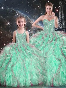 Attractive Turquoise Sleeveless Floor Length Beading and Ruffles Lace Up Ball Gown Prom Dress