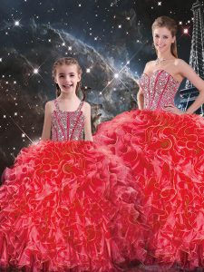Extravagant Organza Sweetheart Sleeveless Lace Up Beading and Ruffles Sweet 16 Quinceanera Dress in Coral Red