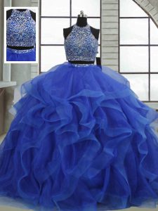 High Quality Floor Length Royal Blue Quinceanera Dresses Halter Top Sleeveless Lace Up
