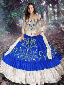 Royal Blue Taffeta Lace Up Off The Shoulder Sleeveless Floor Length 15 Quinceanera Dress Embroidery and Ruffled Layers