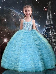 Floor Length Ball Gowns Sleeveless Aqua Blue Little Girls Pageant Dress Wholesale Lace Up