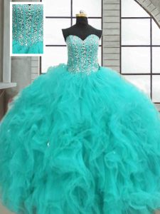 Ball Gowns Sweet 16 Dress Turquoise Sweetheart Organza Sleeveless Floor Length Lace Up