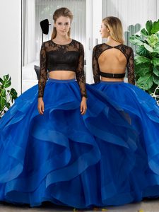 Free and Easy Blue Long Sleeves Floor Length Lace and Ruffles Backless Vestidos de Quinceanera