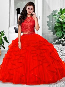 Fashionable Red 15th Birthday Dress Military Ball and Sweet 16 and Quinceanera with Lace and Ruffles Halter Top Sleeveless Zipper