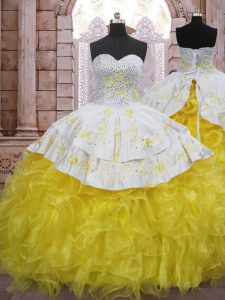 Low Price Beading and Appliques and Ruffles Ball Gown Prom Dress Yellow And White Lace Up Sleeveless Brush Train