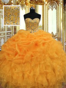 Custom Fit Orange Ball Gowns Sweetheart Sleeveless Organza Floor Length Lace Up Beading and Ruffles Sweet 16 Dresses