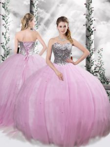 Sleeveless Tulle Brush Train Lace Up Quinceanera Gowns in Lilac with Beading