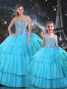 Floor Length Aqua Blue Quince Ball Gowns Sweetheart Sleeveless Lace Up