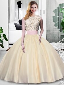 Floor Length Champagne Ball Gown Prom Dress Taffeta Sleeveless Lace and Appliques and Ruching