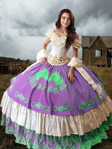 Traditional Multi-color Taffeta Lace Up 15 Quinceanera Dress Sleeveless Brush Train Embroidery and Ruffled Layers