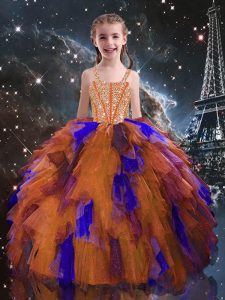 Sleeveless Tulle Floor Length Lace Up Child Pageant Dress in Orange Red with Beading and Ruffles