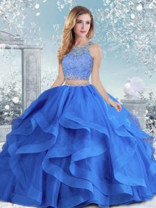 Luxury Long Sleeves Organza Floor Length Clasp Handle 15th Birthday Dress in Royal Blue with Beading and Ruffles
