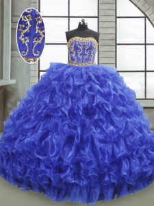 Latest Royal Blue Sleeveless Floor Length Beading and Appliques and Ruffles Lace Up 15th Birthday Dress