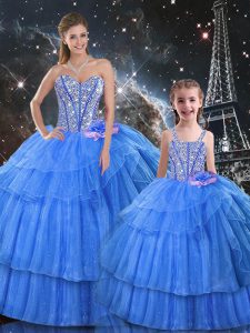 Floor Length Baby Blue Sweet 16 Quinceanera Dress Organza and Tulle Sleeveless Ruffled Layers