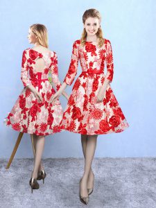 Red Lace Up Scoop Pattern Wedding Guest Dresses Printed 3 4 Length Sleeve