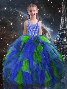 Blue Lace Up Straps Beading and Ruffles Kids Pageant Dress Tulle Sleeveless