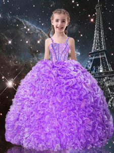 Straps Sleeveless Little Girls Pageant Dress Floor Length Beading and Ruffles Lilac Organza
