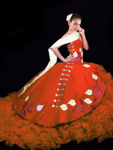 Captivating Rust Red Sleeveless Taffeta Brush Train Lace Up Quinceanera Dress for Military Ball and Sweet 16 and Quinceanera