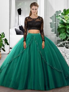 Deluxe Dark Green Tulle Backless Vestidos de Quinceanera Long Sleeves Floor Length Lace and Ruching