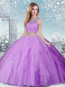 Floor Length Clasp Handle Quince Ball Gowns Lavender for Military Ball and Sweet 16 and Quinceanera with Beading