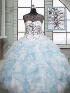 Super Blue And White Sleeveless Beading and Ruffles Floor Length Sweet 16 Dresses